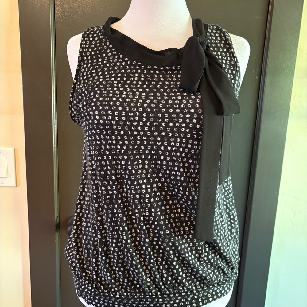 Deletta Black and White Patterned Blouse with Bow from Anthropologie size L